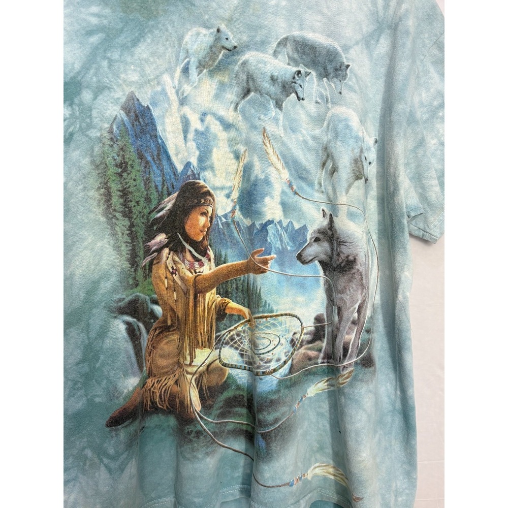 The Mountain Dreams Of Wolf Spirit T-Shirt Mens Blue Tie Dye Large Vintage